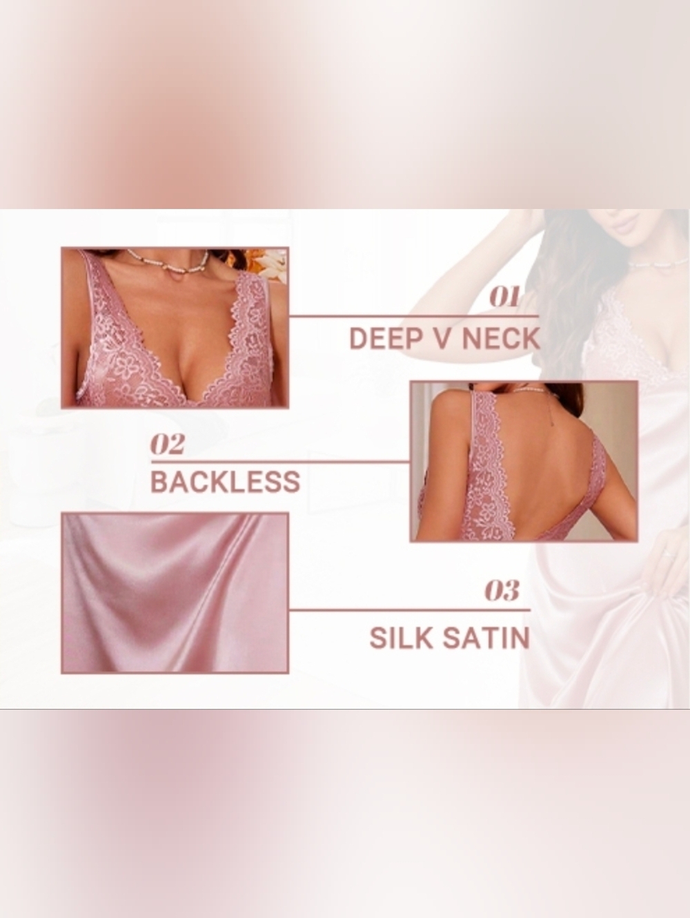 Lace Backless Sexy Long Satin Sleepwear Deep V Neck Sleeveless Nightgown Bride - Picture 4 of 11